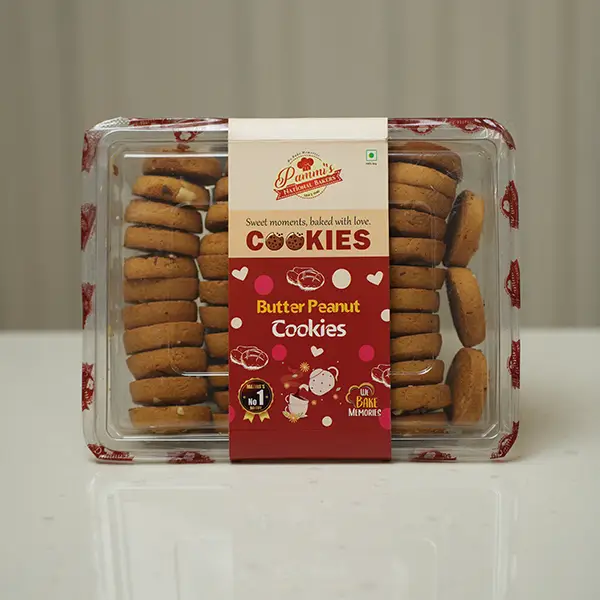Golden Butter Peanut Cookies from Pammi’s Bakers, made with roasted peanuts and real butter – eggless, crispy, and perfect for tea-time snacks.