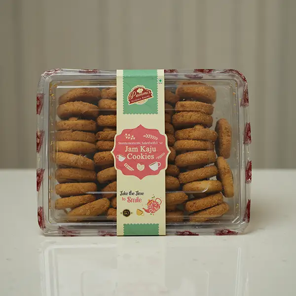 Golden butter cookies with jam and kaju on top – freshly made by Pammi’s Bakers.